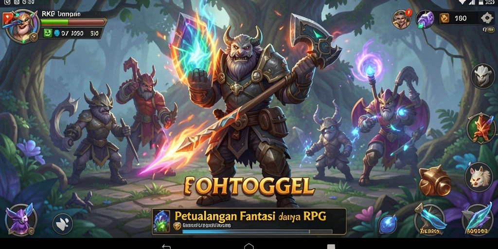 Antarmuka OHTOGEL yang menampilkan karakter dalam pertempuran RPG.